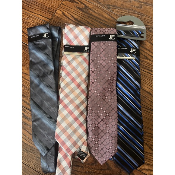 Lot Of 4 JF J Ferrar Extra Long Ties Blue Striped Pink Check Tie Clips - Picture 1 of 5